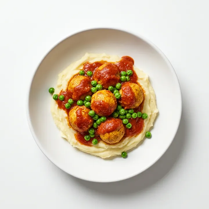 Albóndigas en salsa con puré de patata y guisantes
