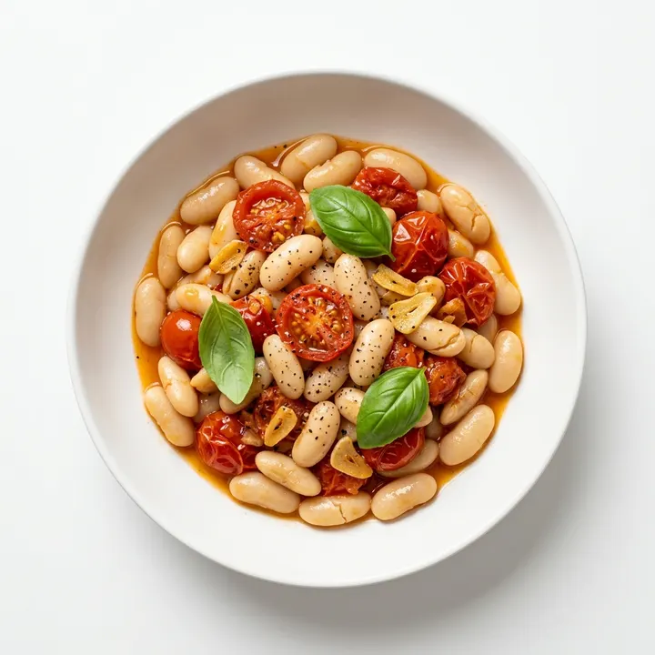 Alubias blancas salteadas con tomate y albahaca