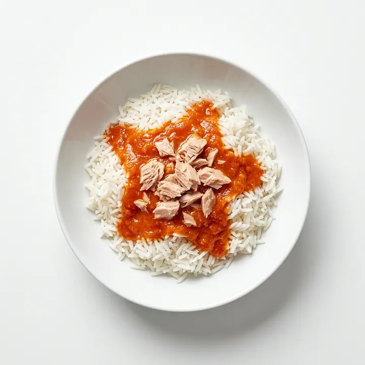 Arroz blanco con atún y tomate frito