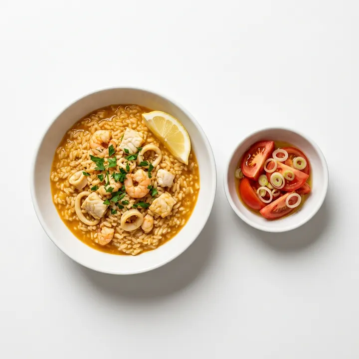 Arroz de pescado con ensalada de tomate y limón