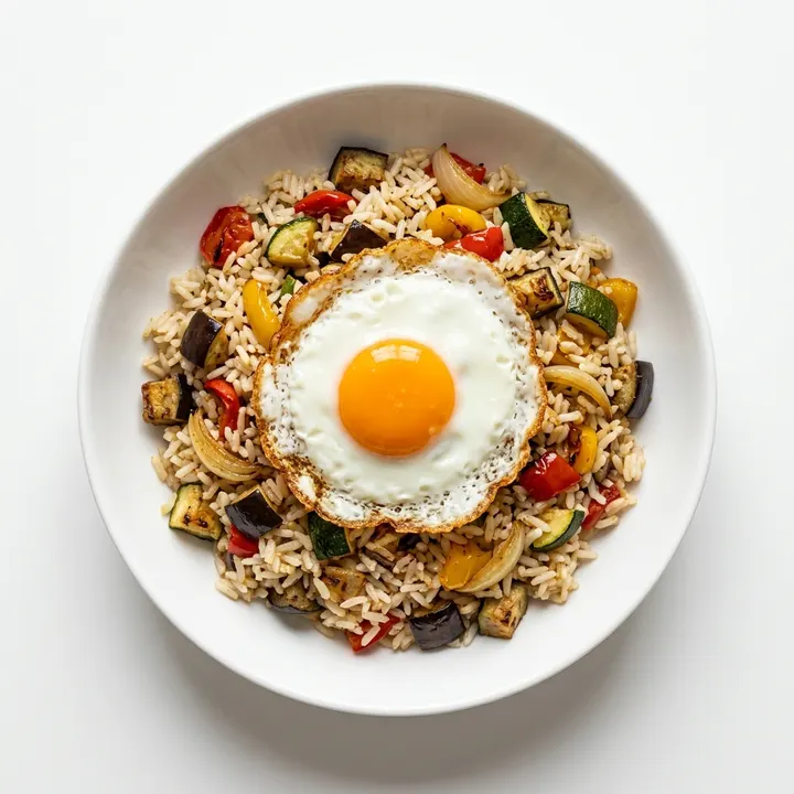 Arroz con verduras asadas y huevo frito