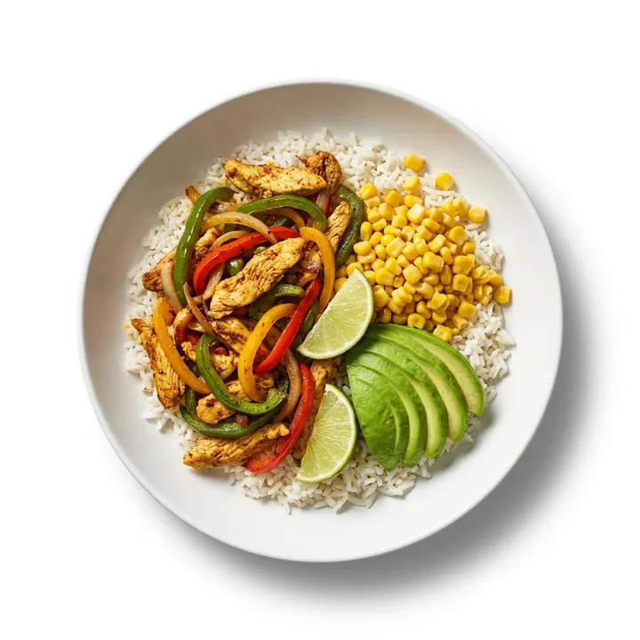Bowl de fajitas con arroz y maíz