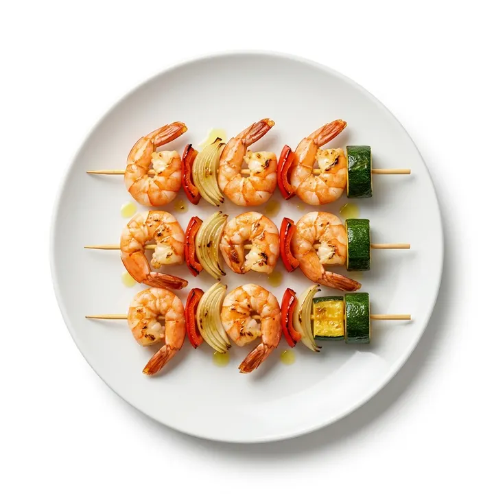 Brochetas de langostinos y verduras