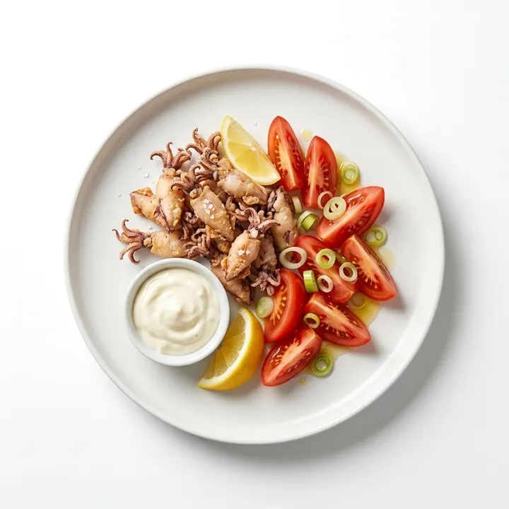 Chipirones enharinados con alioli y ensalada de tomate