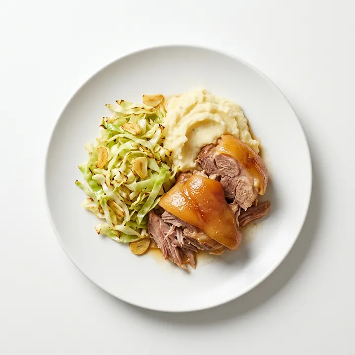 Codillo asado con puré de patata y col salteada