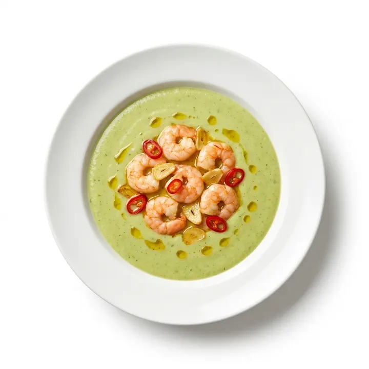 Crema de calabacín con gambas al ajillo