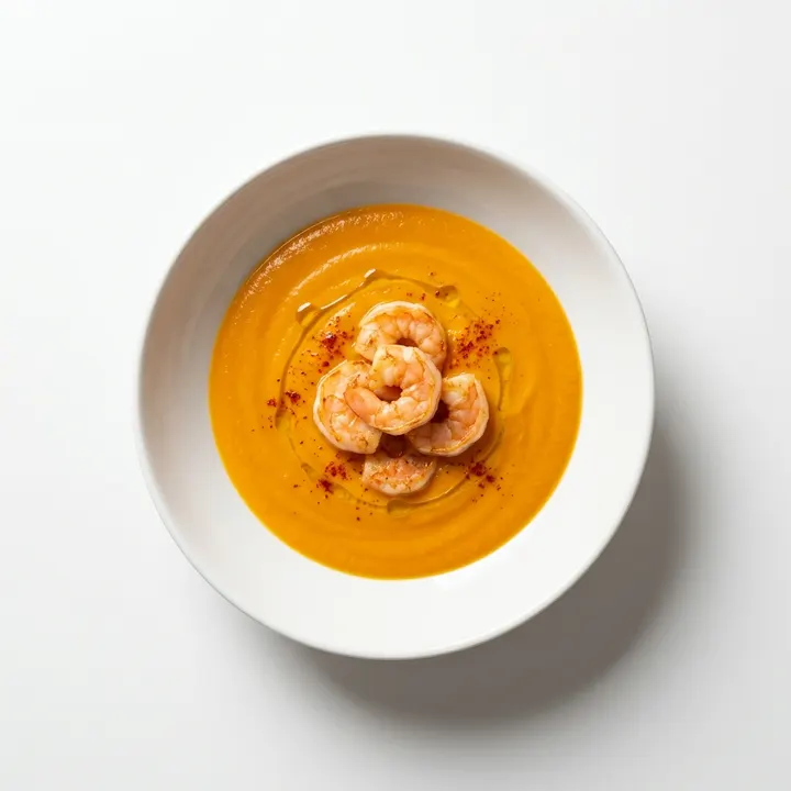 Crema de calabaza con langostinos salteados