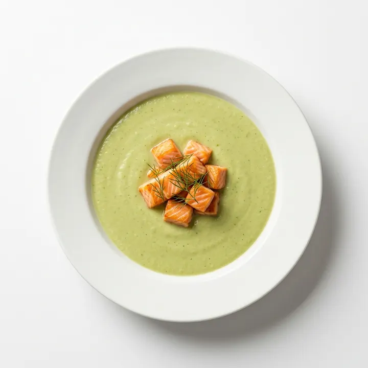 Crema de espárragos con dados de salmón
