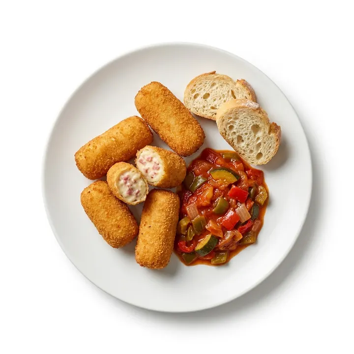 Croquetas de jamón con pisto y pan