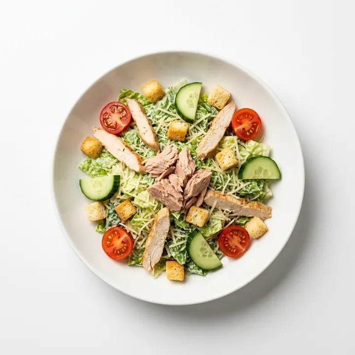 Ensalada César con atún y tomate cherry