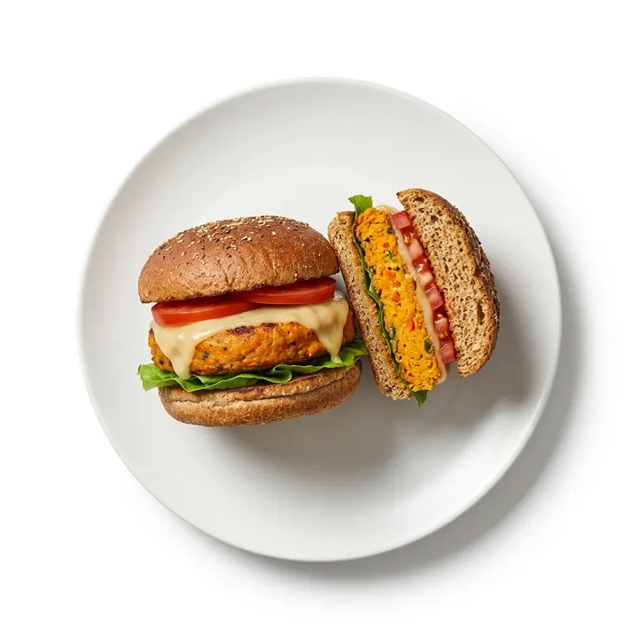 Hamburguesa vegetal de calabaza con queso, lechuga y tomate