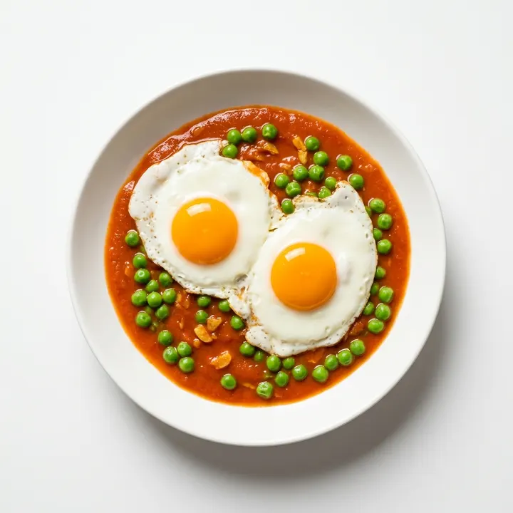 Huevos al plato con tomate y guisantes