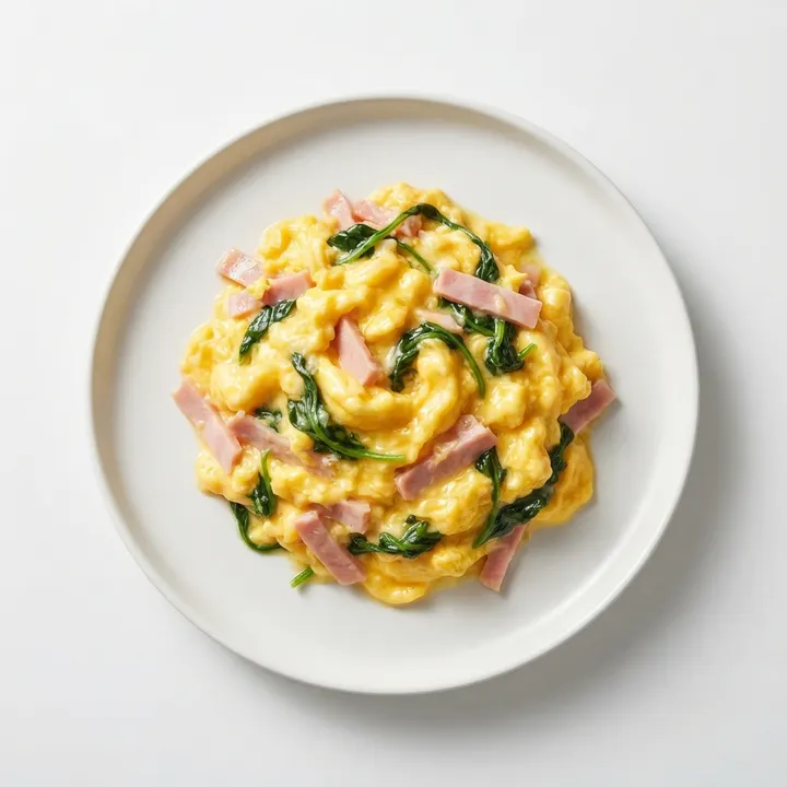 Huevos revueltos con jamón y espinacas