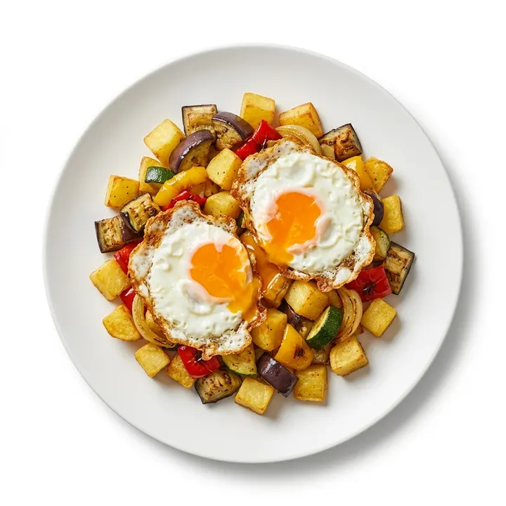 Huevos rotos con parrillada de verduras