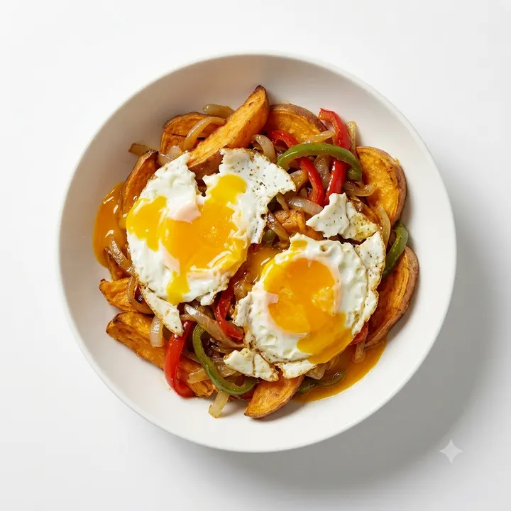 Huevos rotos con boniato y pimientos