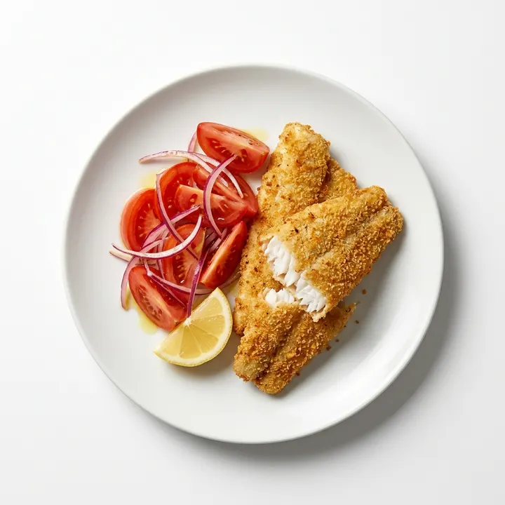 Merluza empanada con ensalada de tomate y cebolla morada