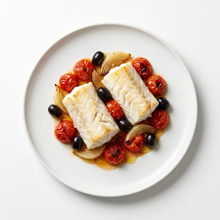 Merluza al horno con tomate y aceitunas