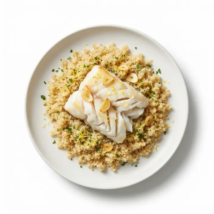 Merluza a la plancha con quinoa al limón