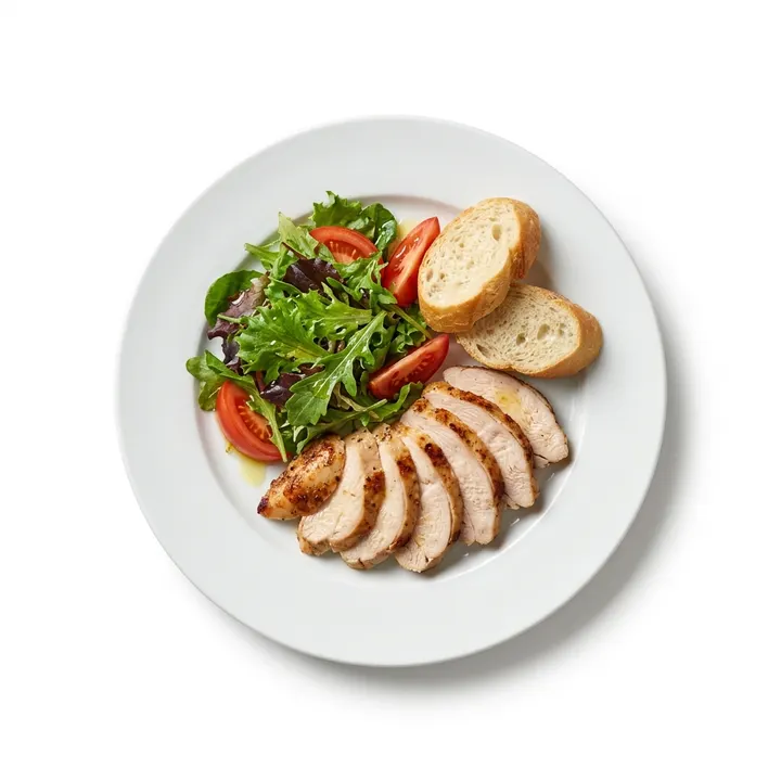 Muslito de pollo asado con ensalada de hojas verdes y pan