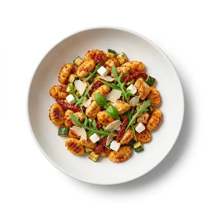 Ñoquis con pollo, tomate seco y rúcula