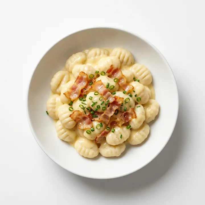 Ñoquis con salsa de queso y panceta