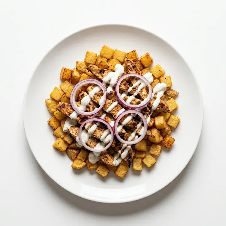 Patatas con kebab de pollo y salsa de yogur