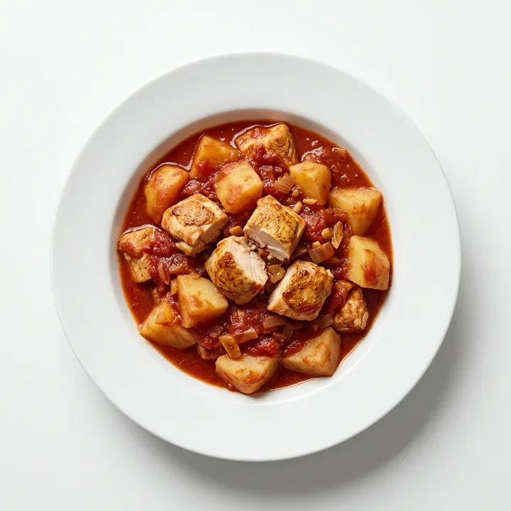 Pollo con tomate y patatas