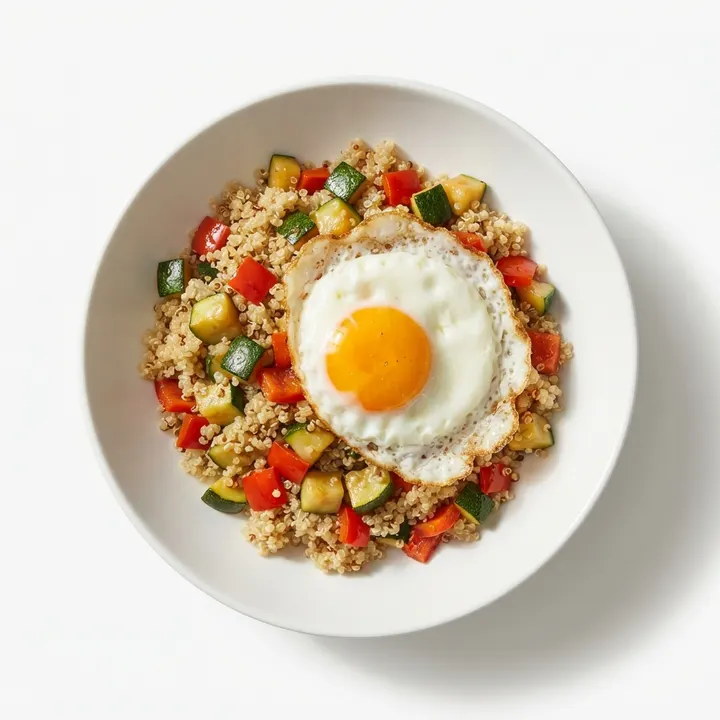 Quinoa con verduras salteadas y huevo frito