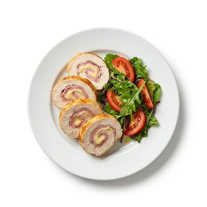Roti de pollo relleno con ensalada de hojas verdes y tomate