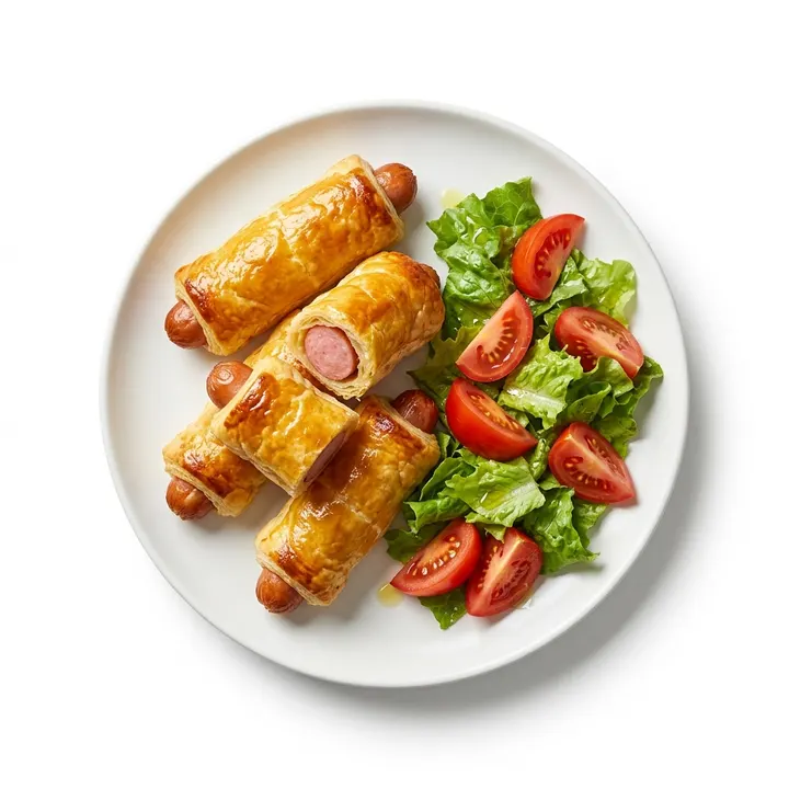 Salchichas en hojaldre con ensalada