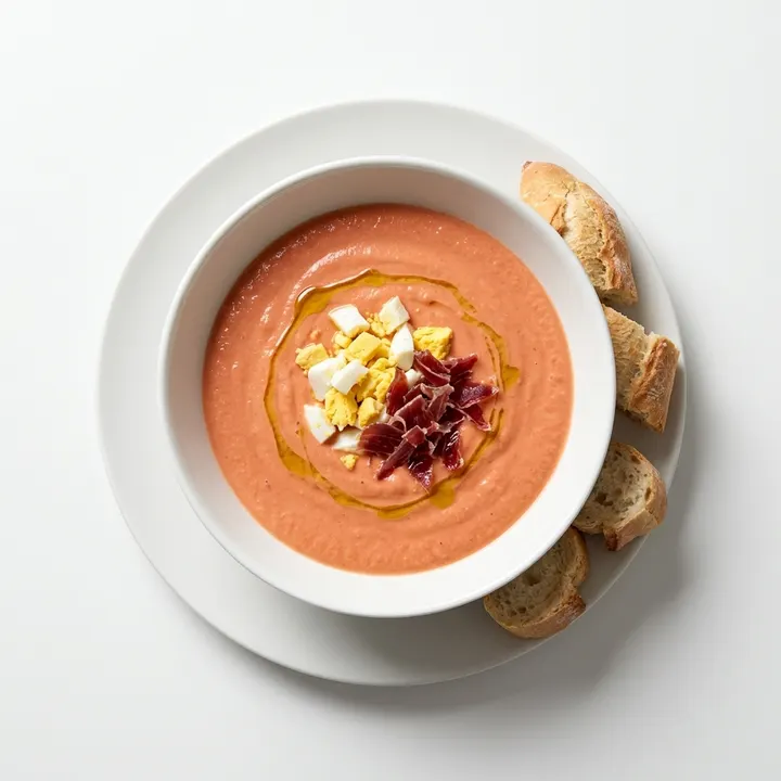 Salmorejo con huevo cocido, jamón y pan