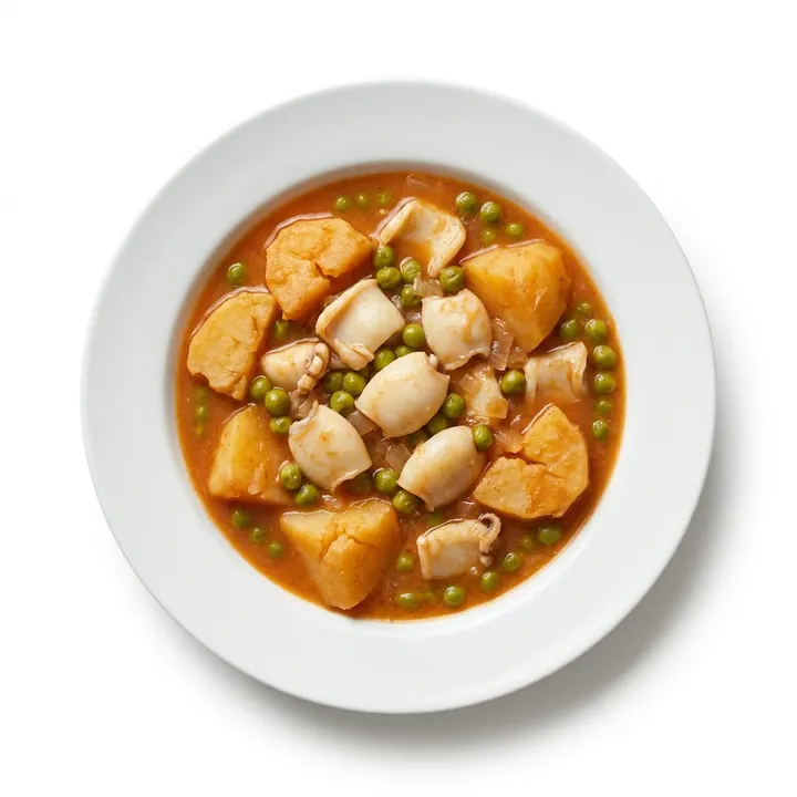 Sepia guisada con patatas y guisantes de la abuela