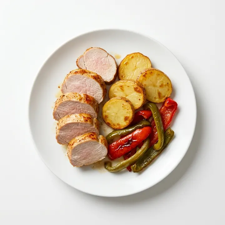 Solomillo de cerdo al horno con patatas y pimientos