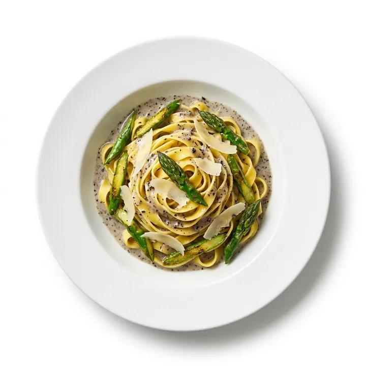 Tagliatelle a la trufa con espárragos trigueros