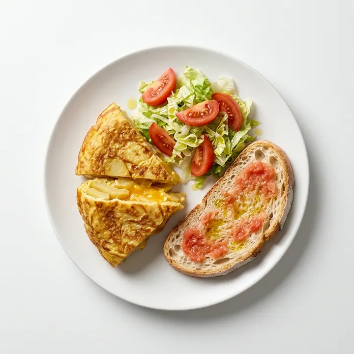 Tortilla de patata con ensalada y pan con tomate