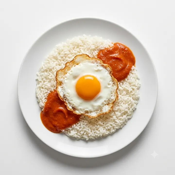 Arroz con huevo frito y tomate