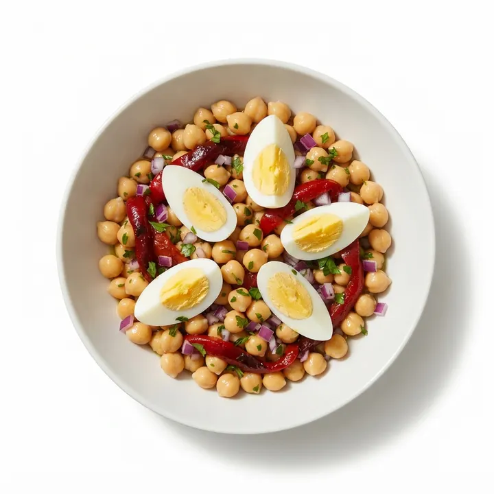 Garbanzos aliñados con huevo y pimiento