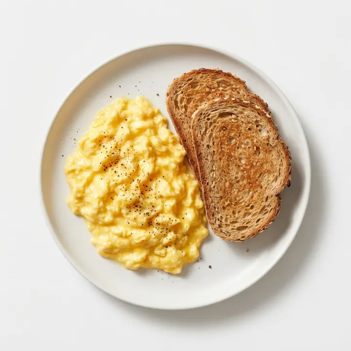 Huevos revueltos cremosos con tostada