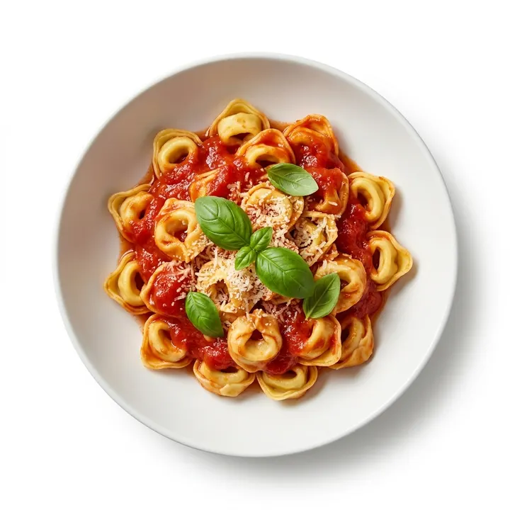 Tortellini de carne con tomate y albahaca